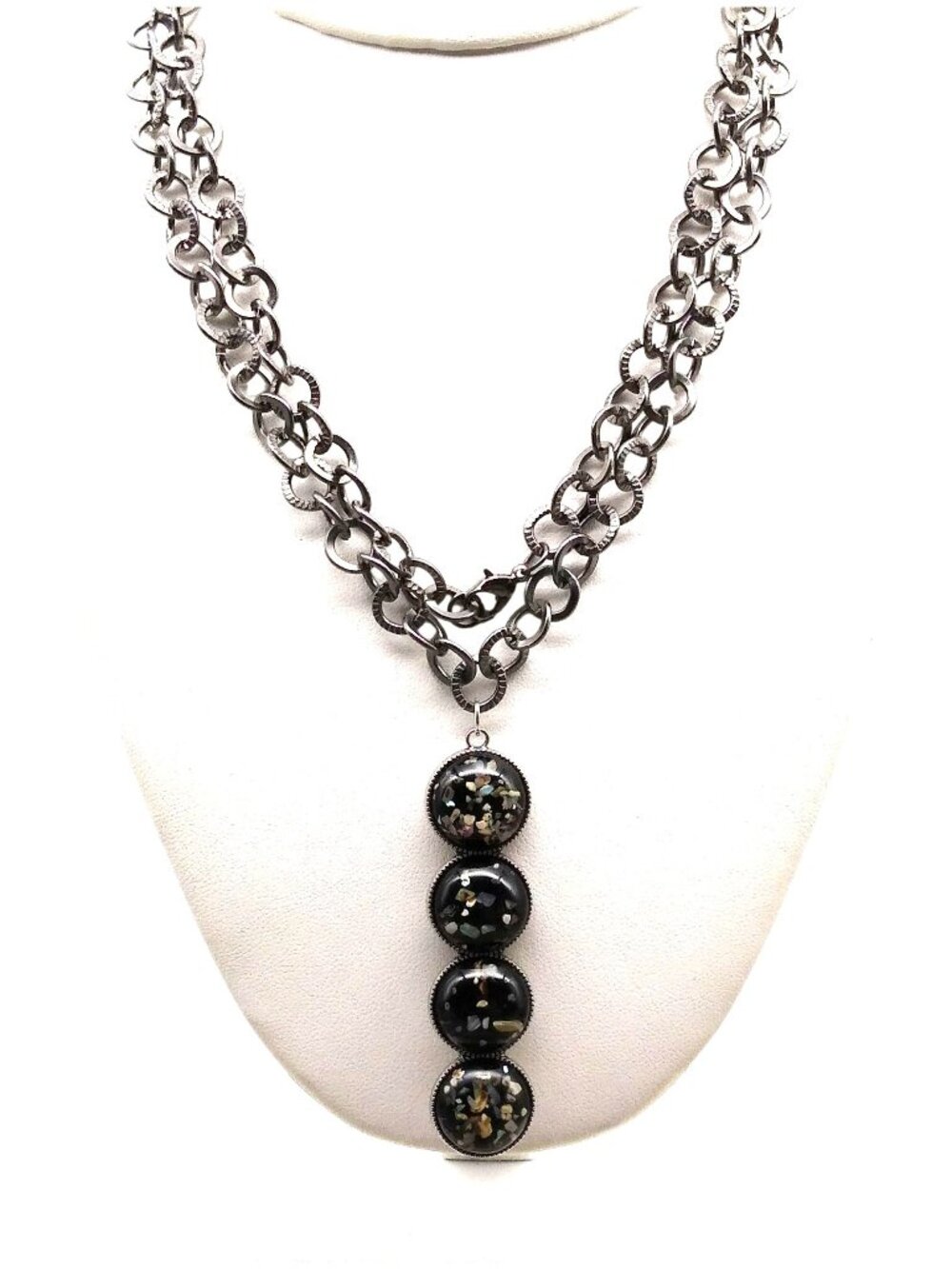 Vintage Black Confetti Lucite Pendant Necklace, Gunmetal Circle Links Chain